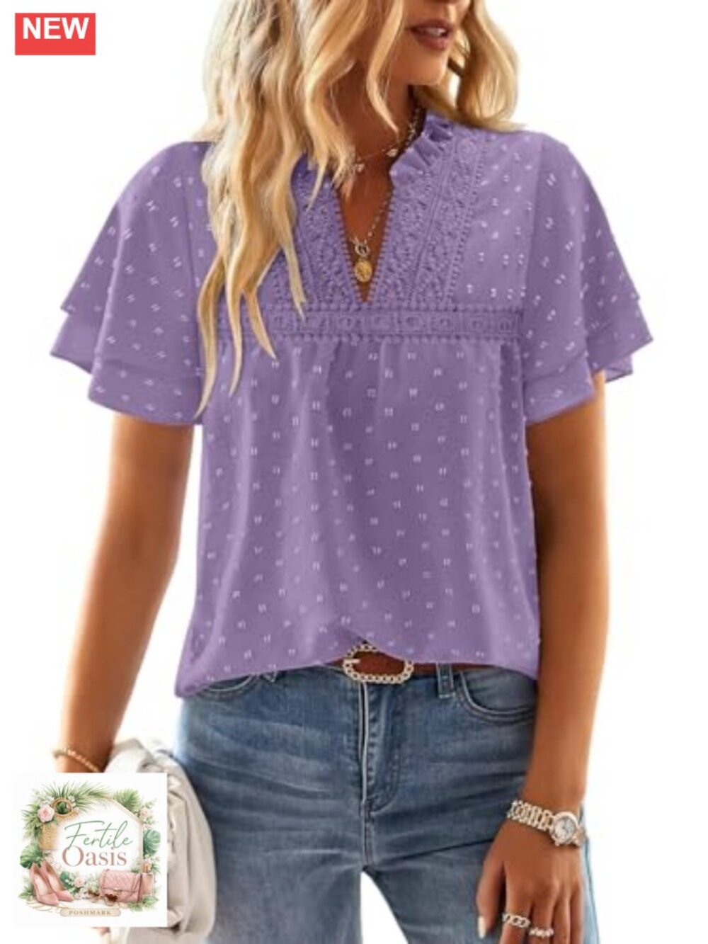 Boho Tunic Top for Women V-Neck Ruffle Flowy Short Sleeve Blouse Dressy Casual